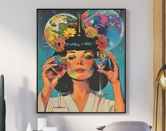 Cosmic Wine Woman Retro Futurism Planets Teal Surreal Bar Poster