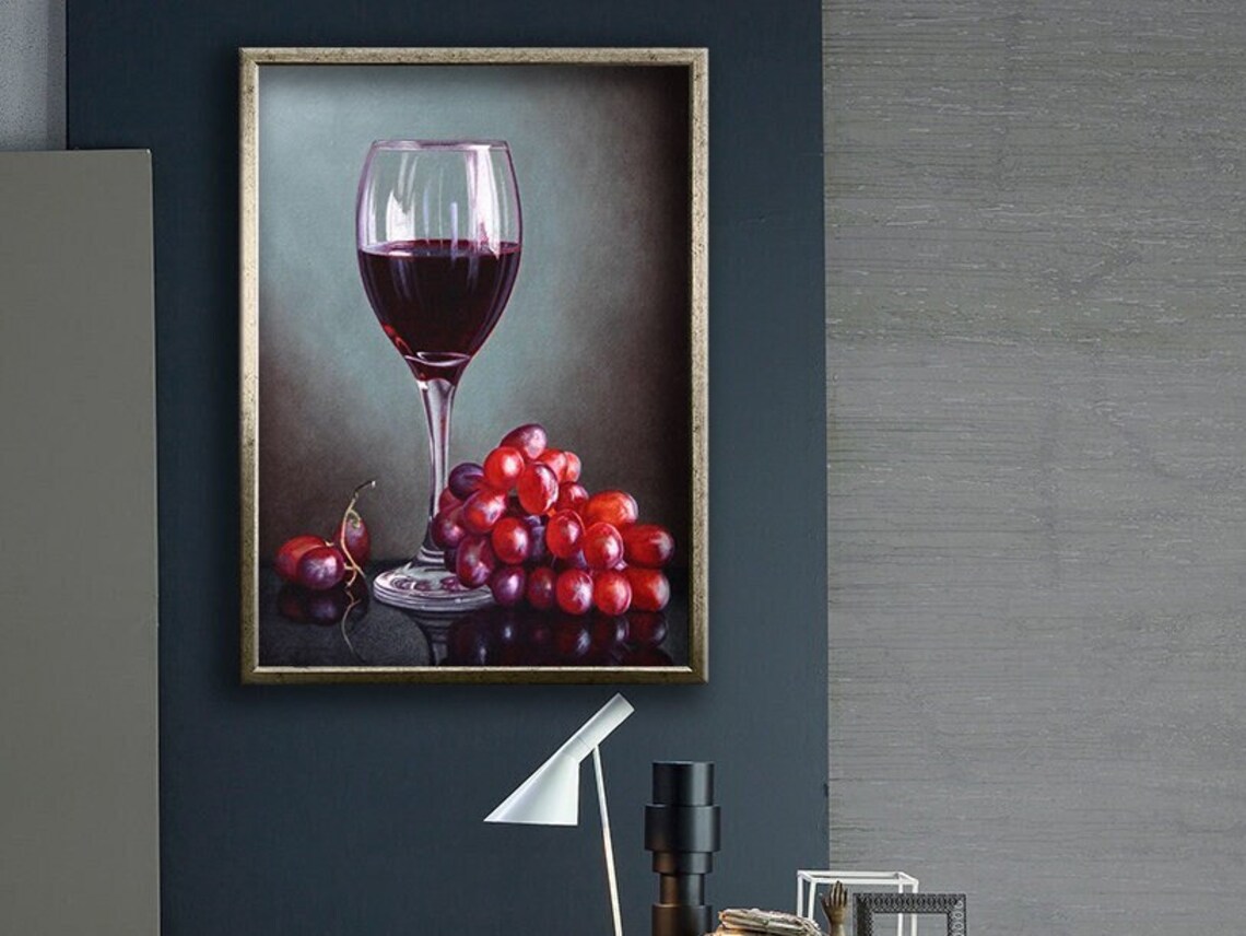 Red Wine Glass Red Grapes Still Life Painting Elegant Wall Poster