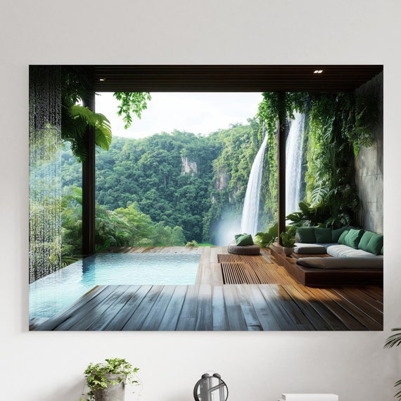 Modern Jungle Villa With Waterfall View Art Tropical Zen Retreat Wall Art Luxurious Nature Inspired Decor Paradise