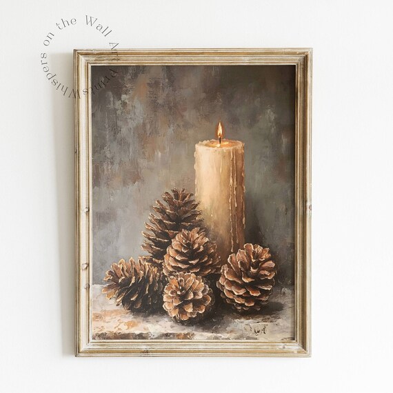 Vintage Christmas Pinecone Art Print, Rustic Holiday Decor