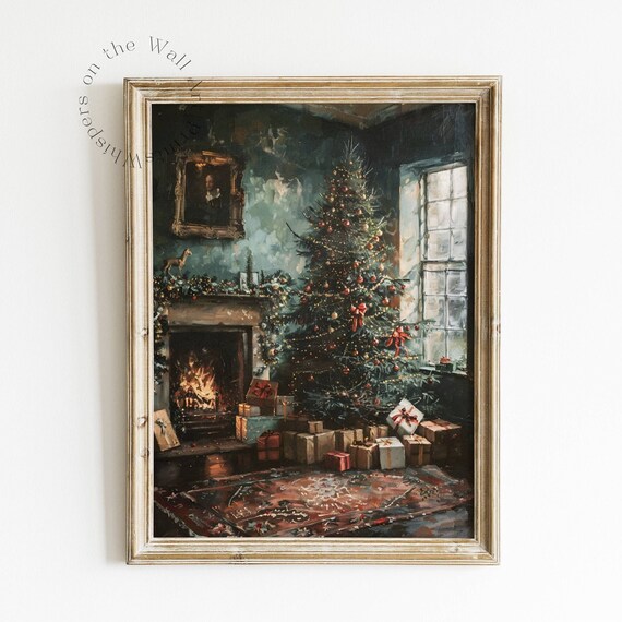 Vintage Christmas Tree Wall Art Nostalgic Decor Moody Xmas Wall Print Winter Painting Cottagecore Art Living Room