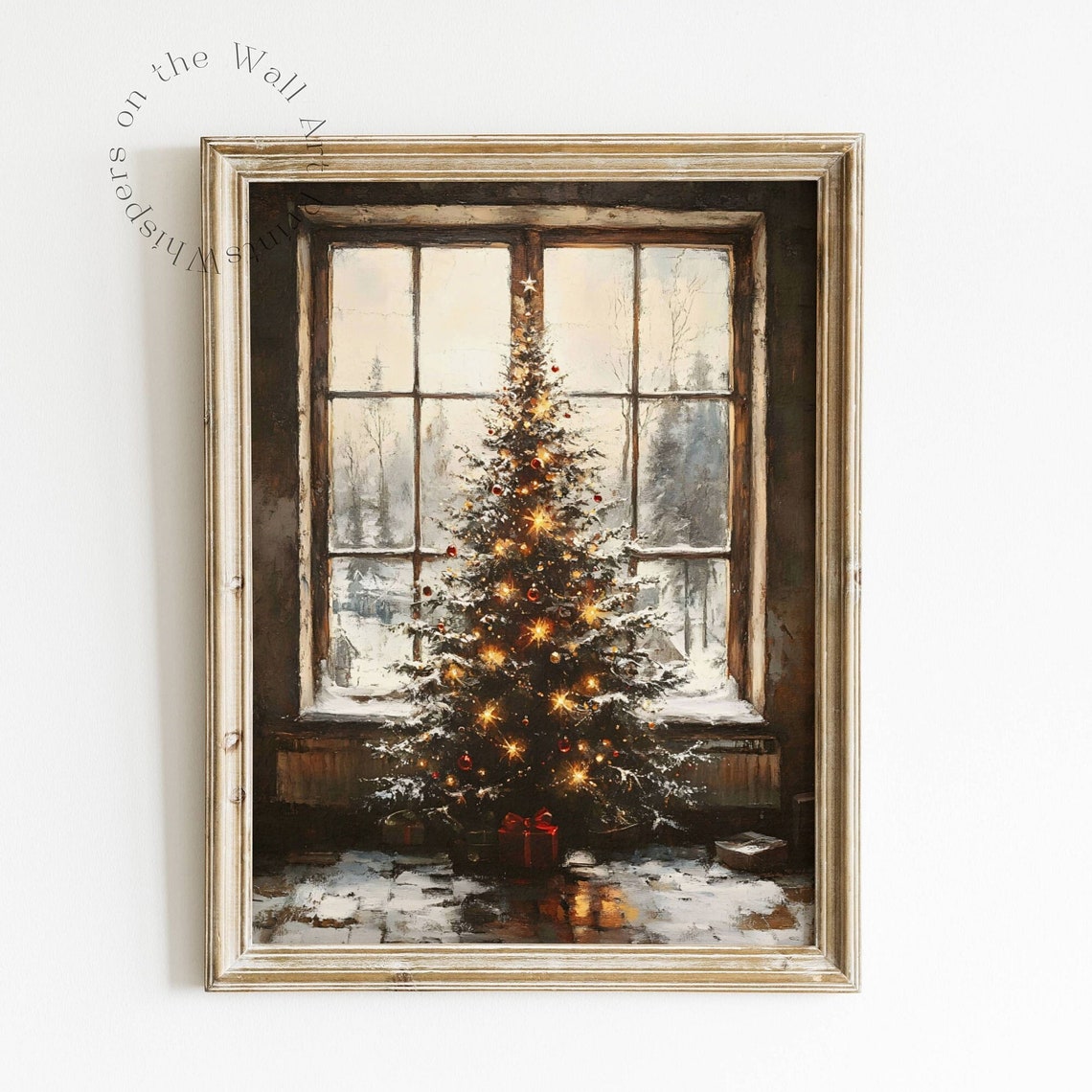 Christmas Tree by Window Glowing Lights Snowy Vintage Holiday Poster