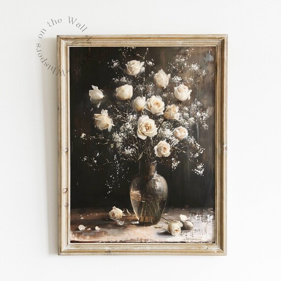 Moody Winter Roses Painting Muted Floral Print Dark Coquette Wall Art Christmas Decor Flower Art Xmas Wall Decor