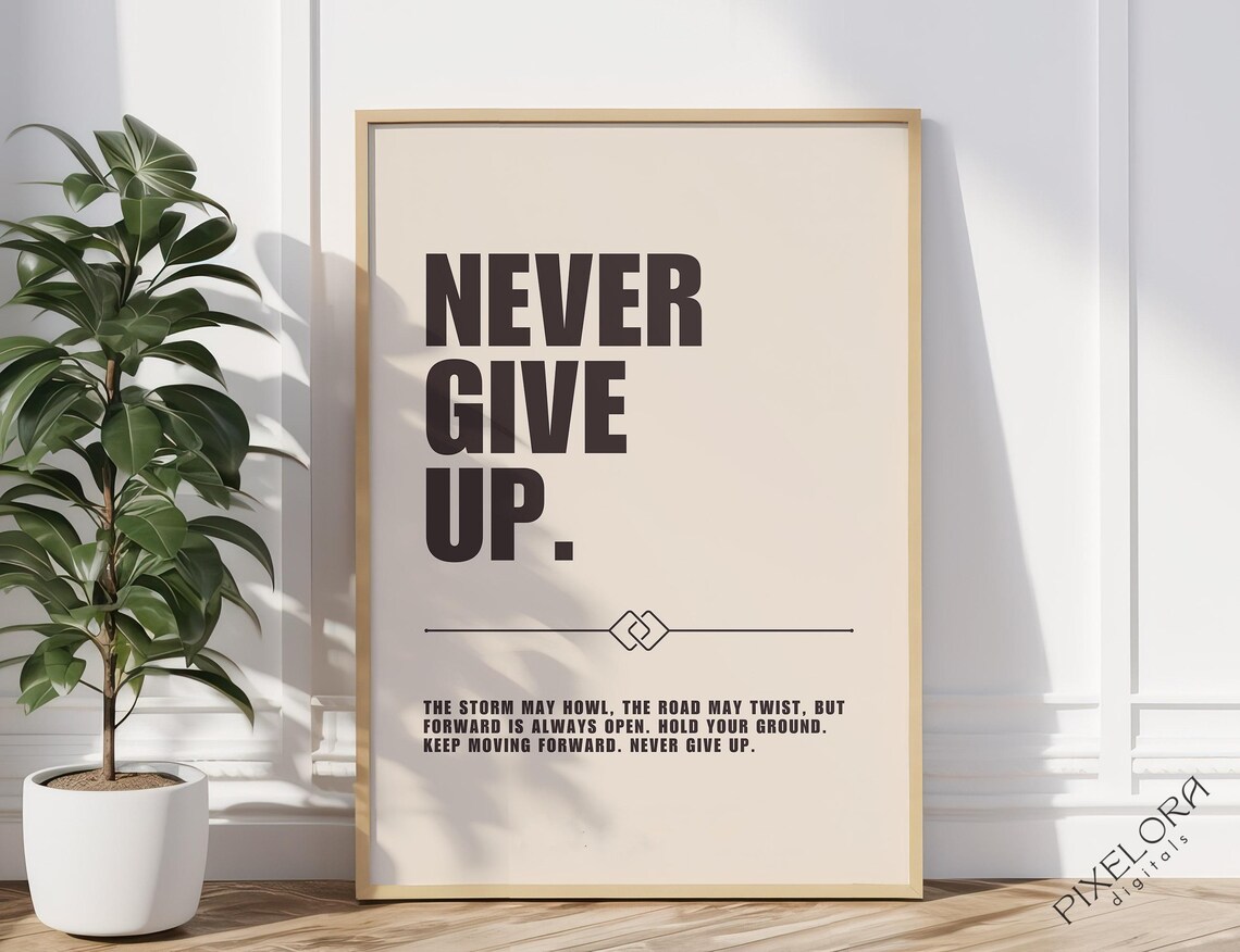 Never Give Up Quote Motivational Poster Inspirational Wall Art Powerful Affirmation Success