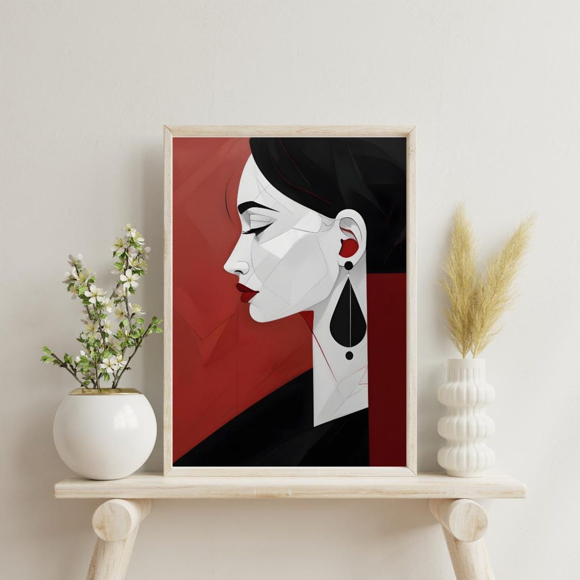 Red Abstract Modern Woman Profile Art Geometric Red Black Minimalist Wall Decor Art For Instant Wall Art - Image 3