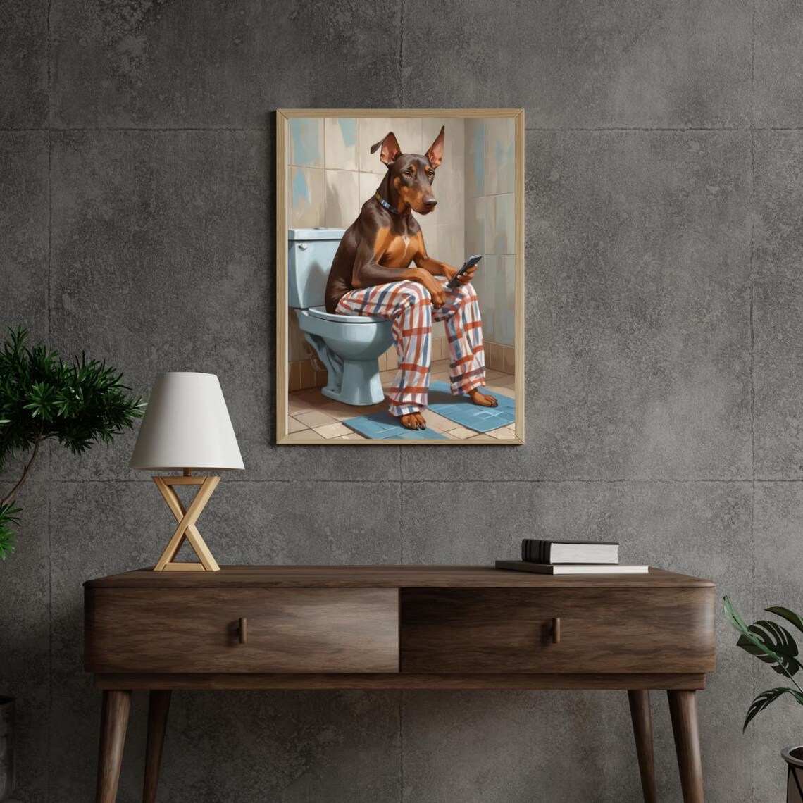 Dog On Toilet In Striped Pajamas, Bathroom Humor - Image 2