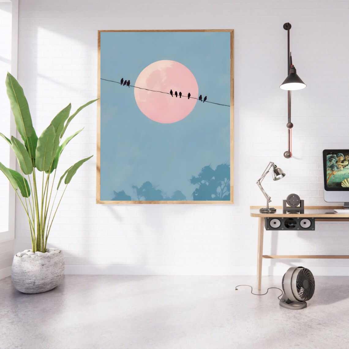 Birds On Wire, Minimalist Blue Sky Painting Decor - Image 2