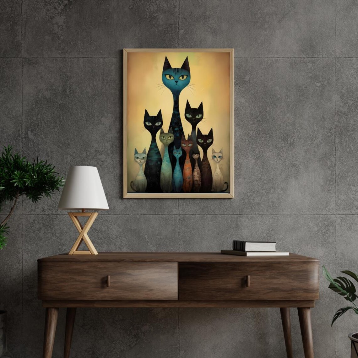 Whimsical Elongated Cat Family Group Folk Art Style Vintage Poster - Image 3