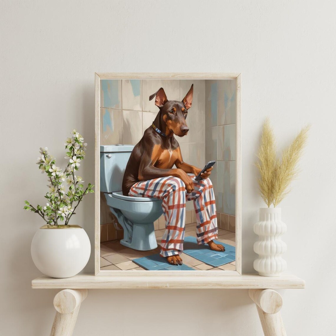 Dog On Toilet In Striped Pajamas, Bathroom Humor - Image 5