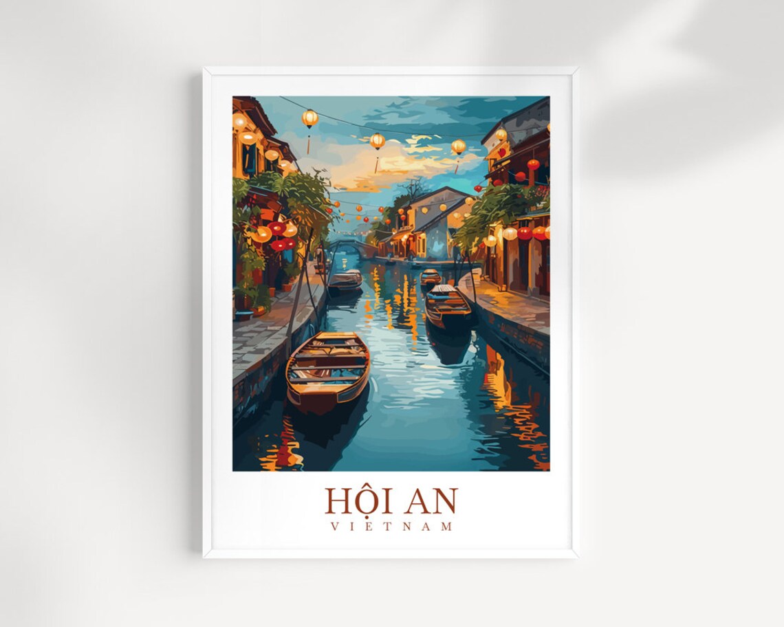 Hoi An Vietnam Lantern Lit Canal with Boats at Night Travel Poster