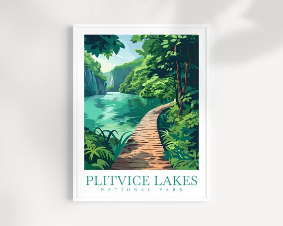 Plitvice Lakes National Park Wooden Boardwalk Vintage Travel Poster