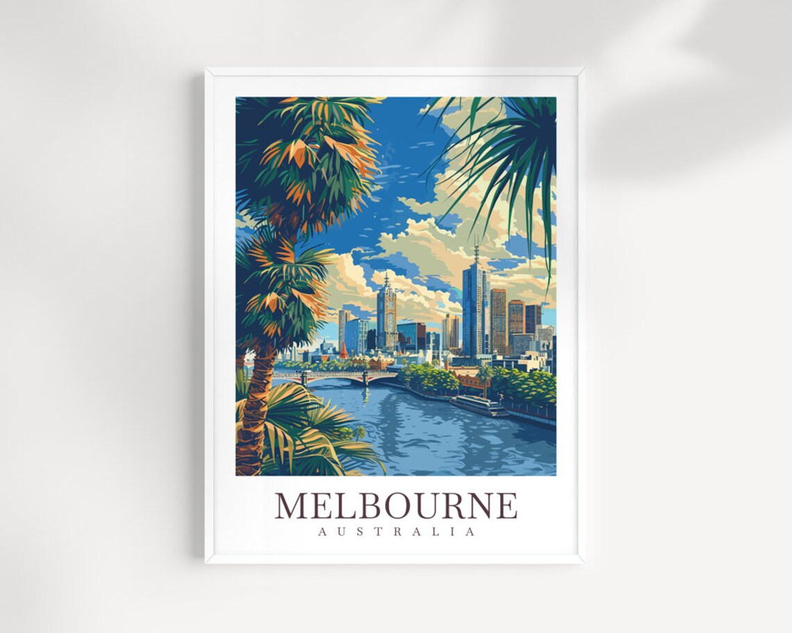 Melbourne Australia City Skyline River Bridge Palms Travel Poster
