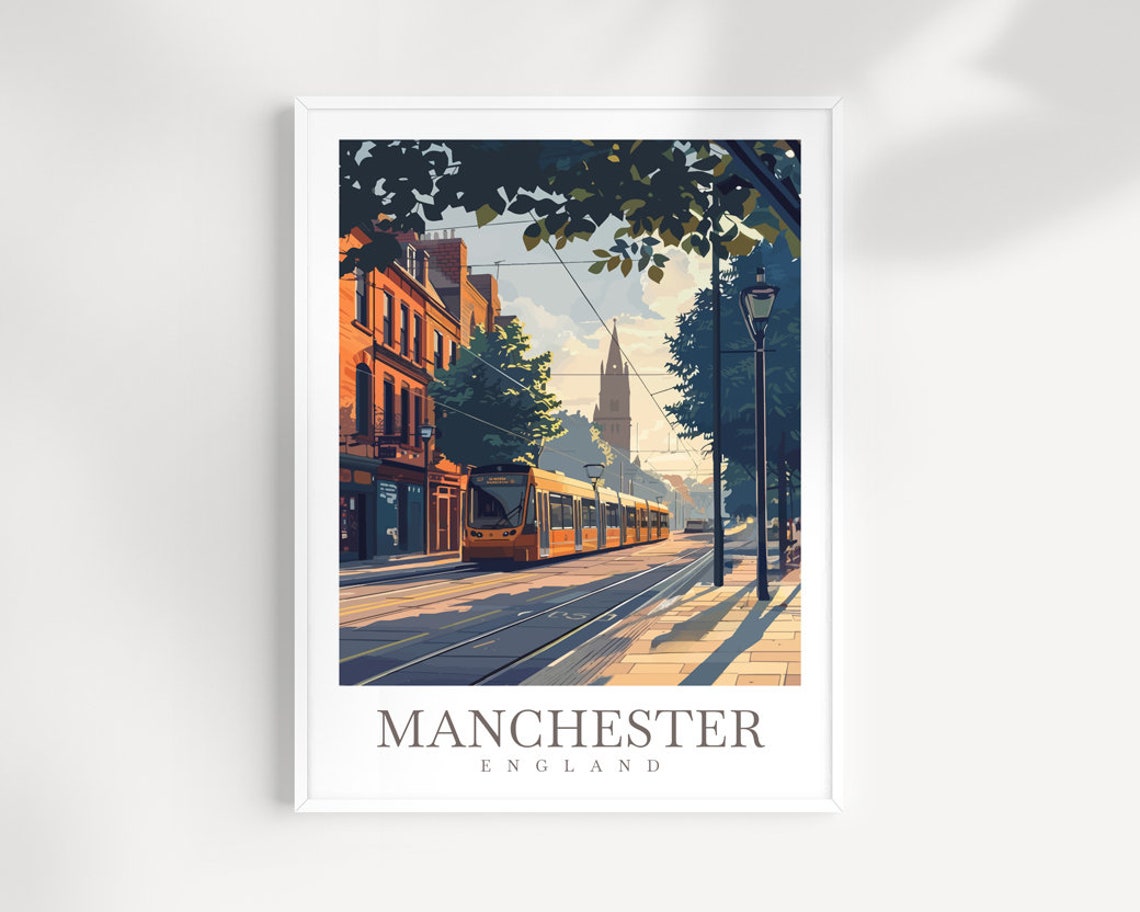 Manchester England Tram on a Tree Lined Street at Golden Hour Poster