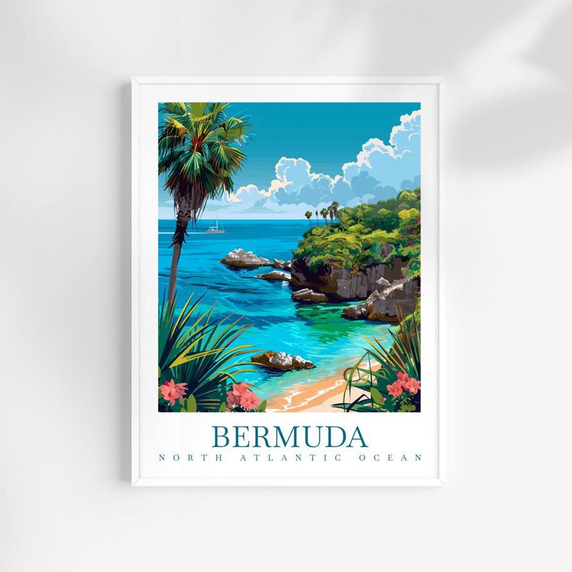 Bermuda North Atlantic Ocean Palm Cove with Pink Flowers Poster