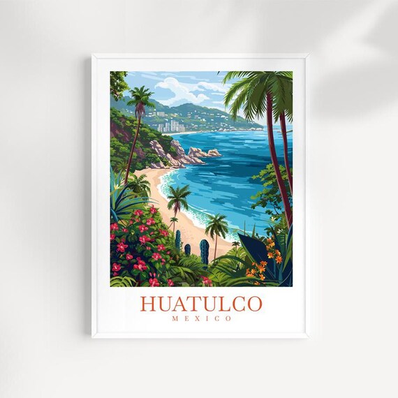 Huatulco Mexico Palm Bay Red Flowers Rocky Coast Tropical View Poster