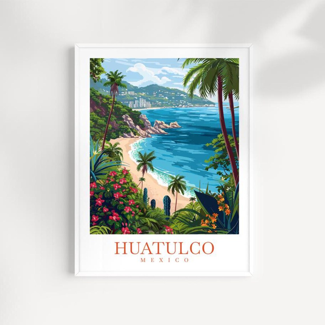 Huatulco Mexico Palm Bay Red Flowers Rocky Coast Tropical View Poster