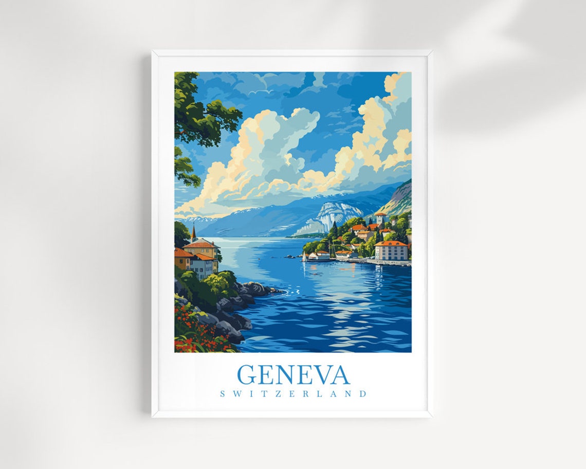 Geneva Switzerland Lakeside Mountains Blue Water Vintage Travel Poster