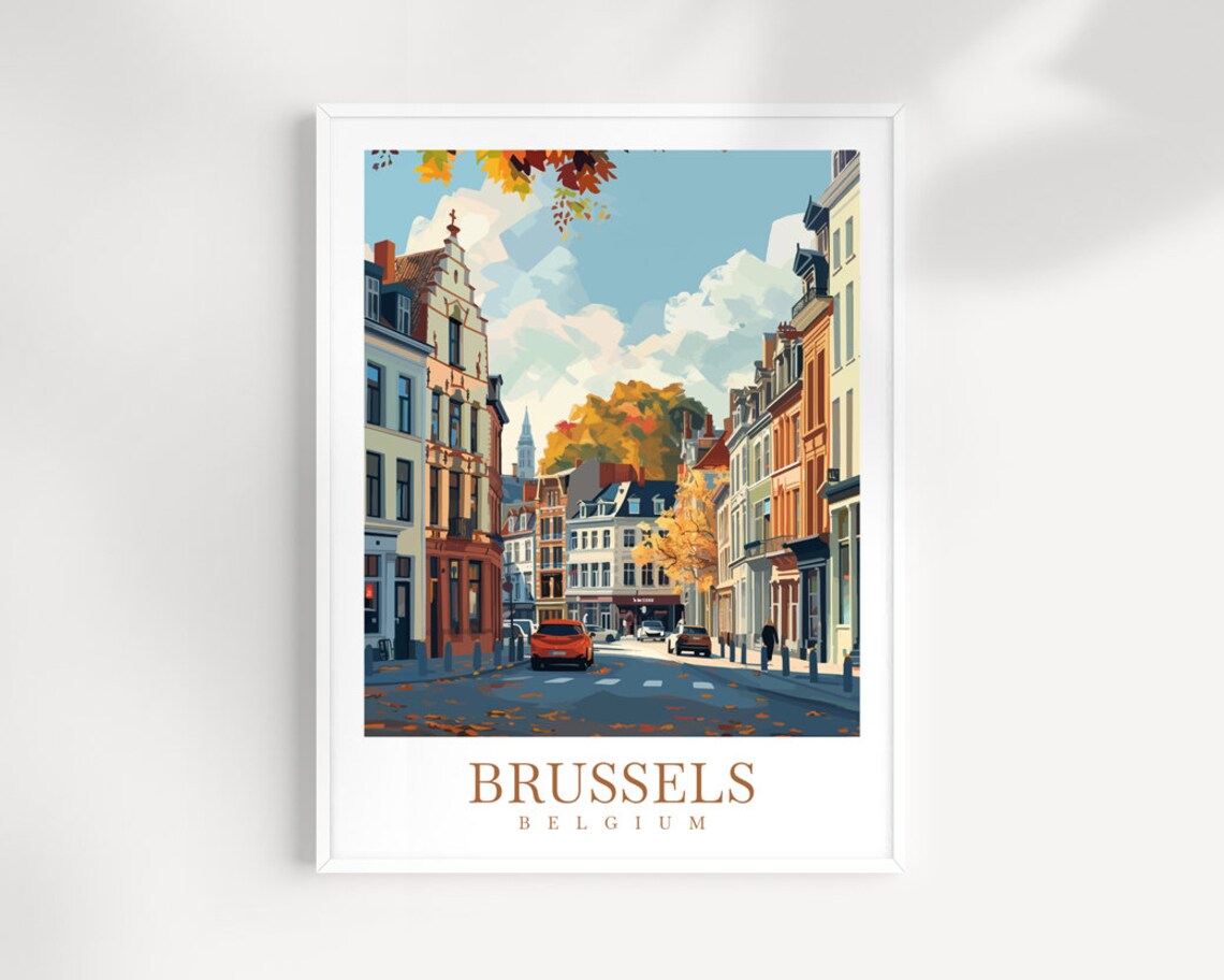 Brussels Autumn Street With Historic Buildings Belgium Travel Poster