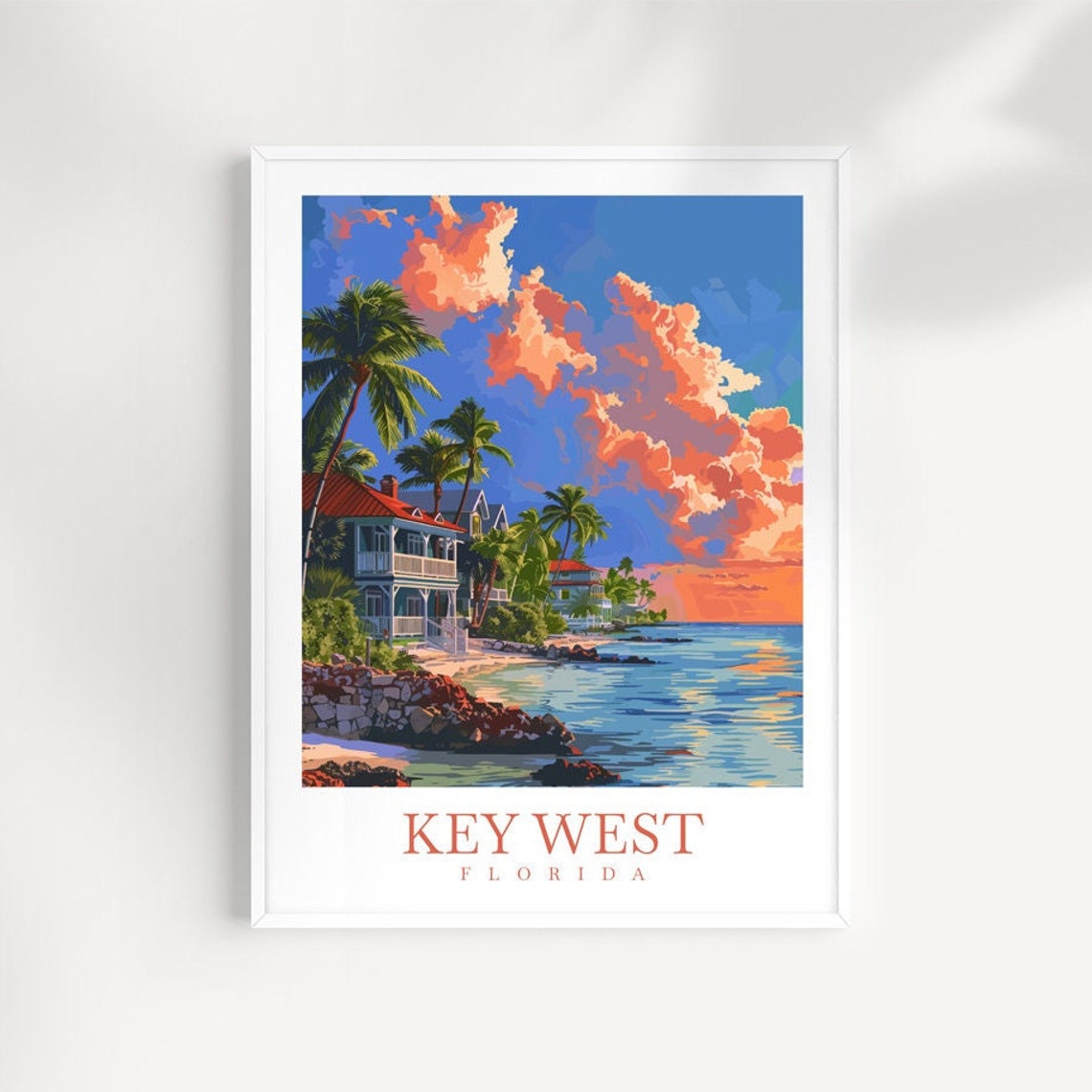 Key West Florida Sunset Beach Palms Waterfront House Art Poster