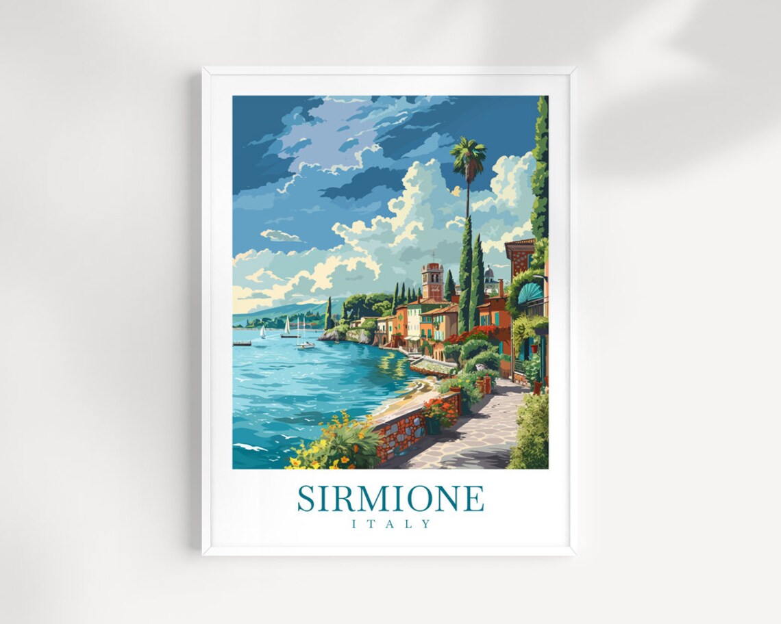 Sunny Sirmione Italy Lakefront Promenade and Sailboats Art Print