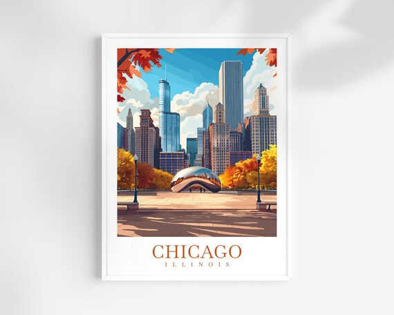 Chicago Illinois Cloud Gate Bean Autumn Skyline Travel Poster