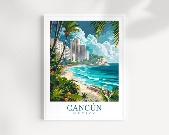 Cancun Mexico Turquoise Beach Resort Skyline Vintage Travel Poster