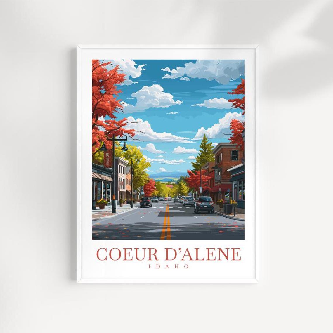 Coeur D'Alene Idaho Fall Poster Autumn Red Leaves Main Street Scene