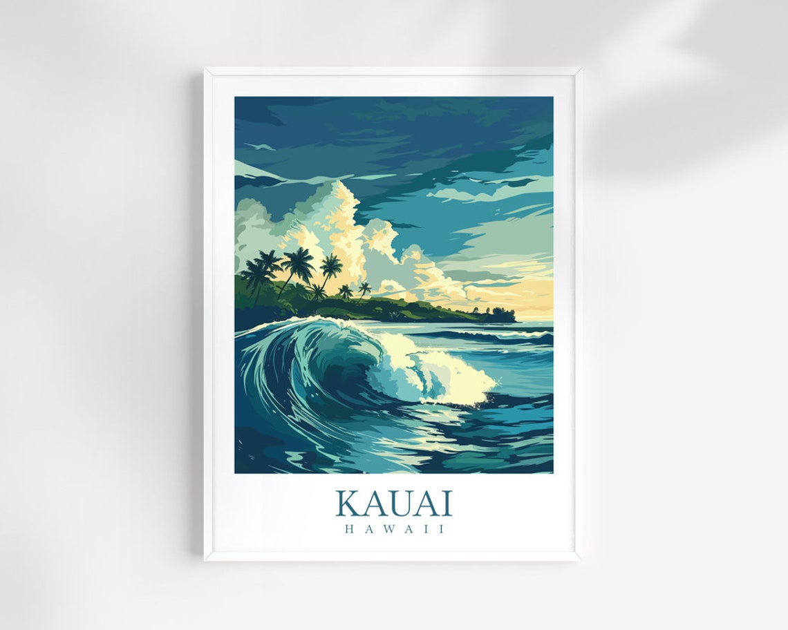 Kauai Hawaii Big Surf Wave Palms Ocean Swell Surf Art Poster