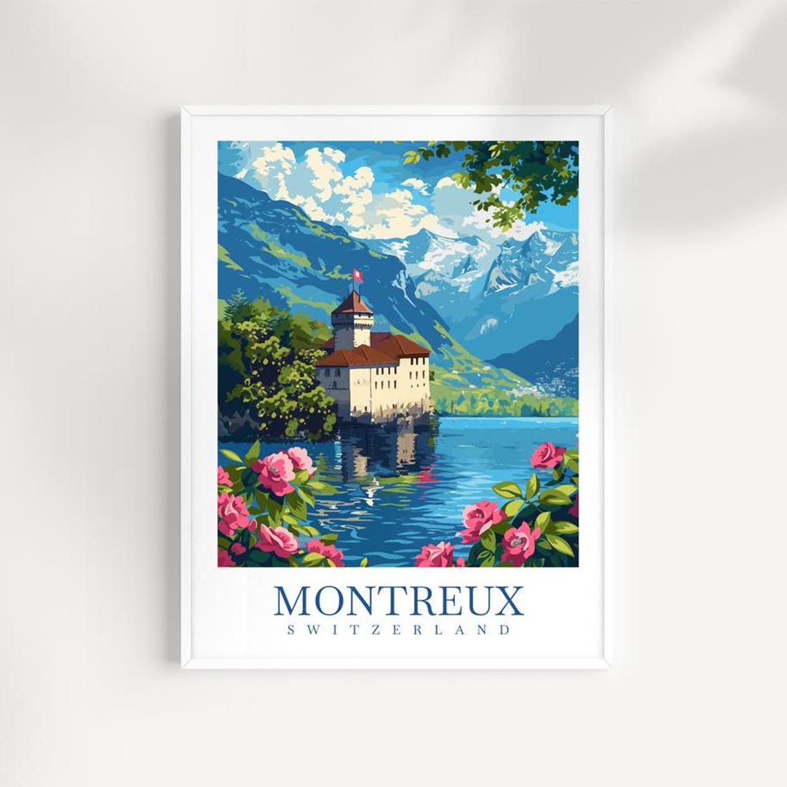 Montreux Switzerland Chillon Castle Lake Geneva Alps Travel Poster