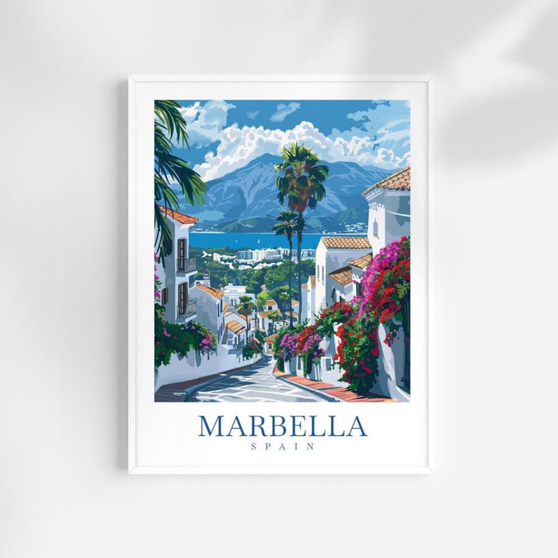 Marbella Spain Whitewashed Street with Flowers and Mountain View Poster