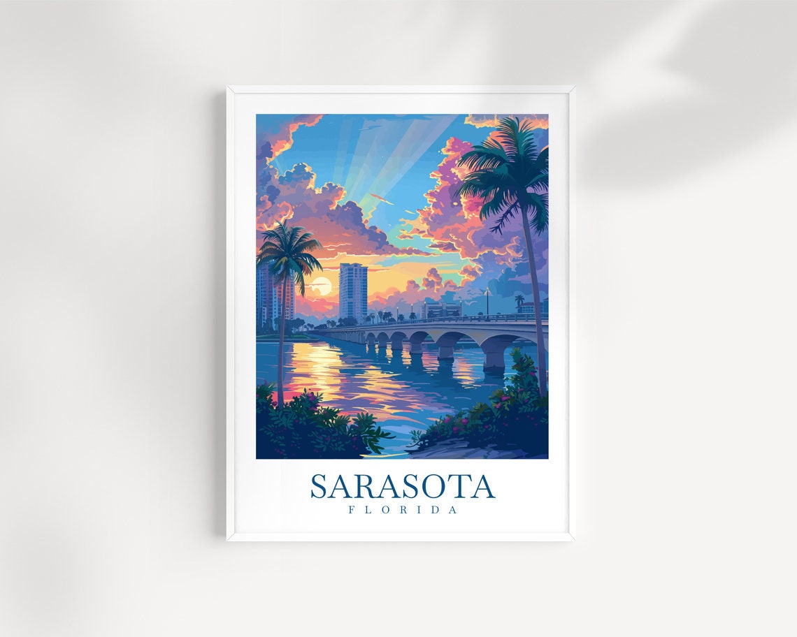 Sarasota Florida Sunset Bay Bridge Palms Waterfront Scene Poster
