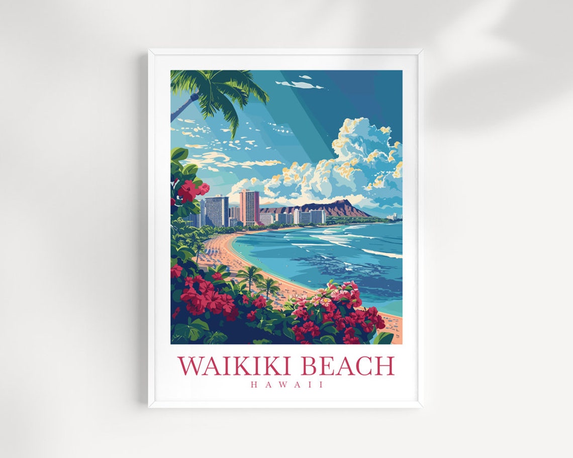 Waikiki Beach Hawaii Bougainvillea Blossoms Coastal View Poster
