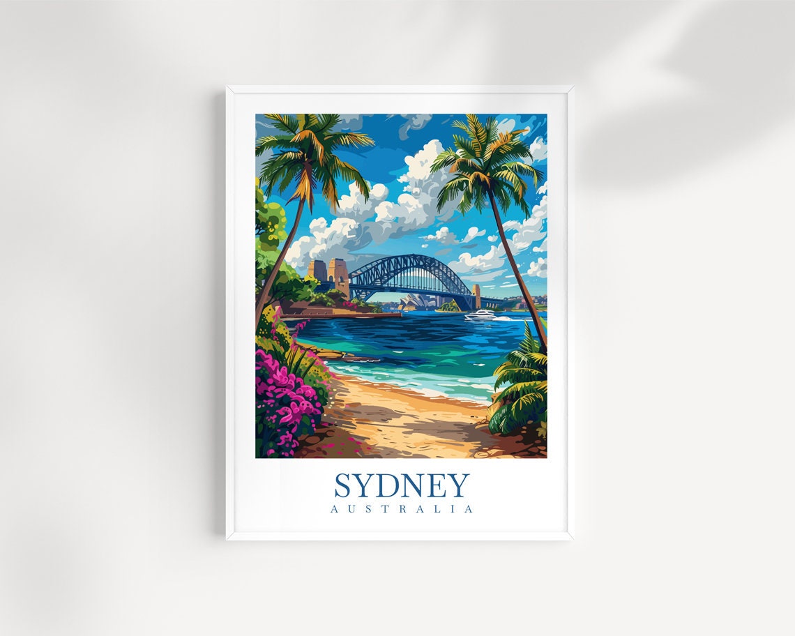 Sydney Australia Harbour Bridge Beach Palms Ferry Travel Poster