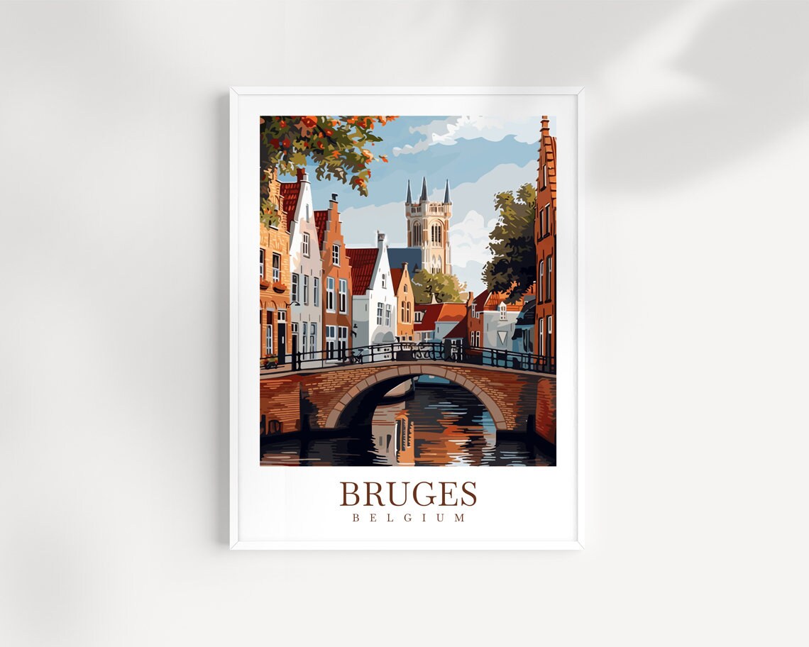 Bruges Belgium Canal Bridge Historic Houses Church Tower Poster