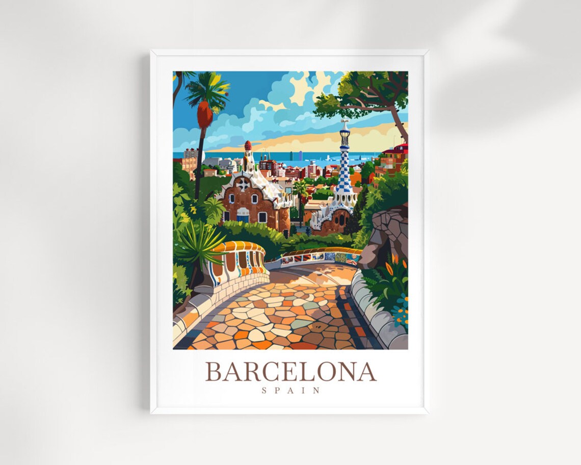 Barcelona Spain Park Guell Mosaic Terrace Gaudi Travel Poster