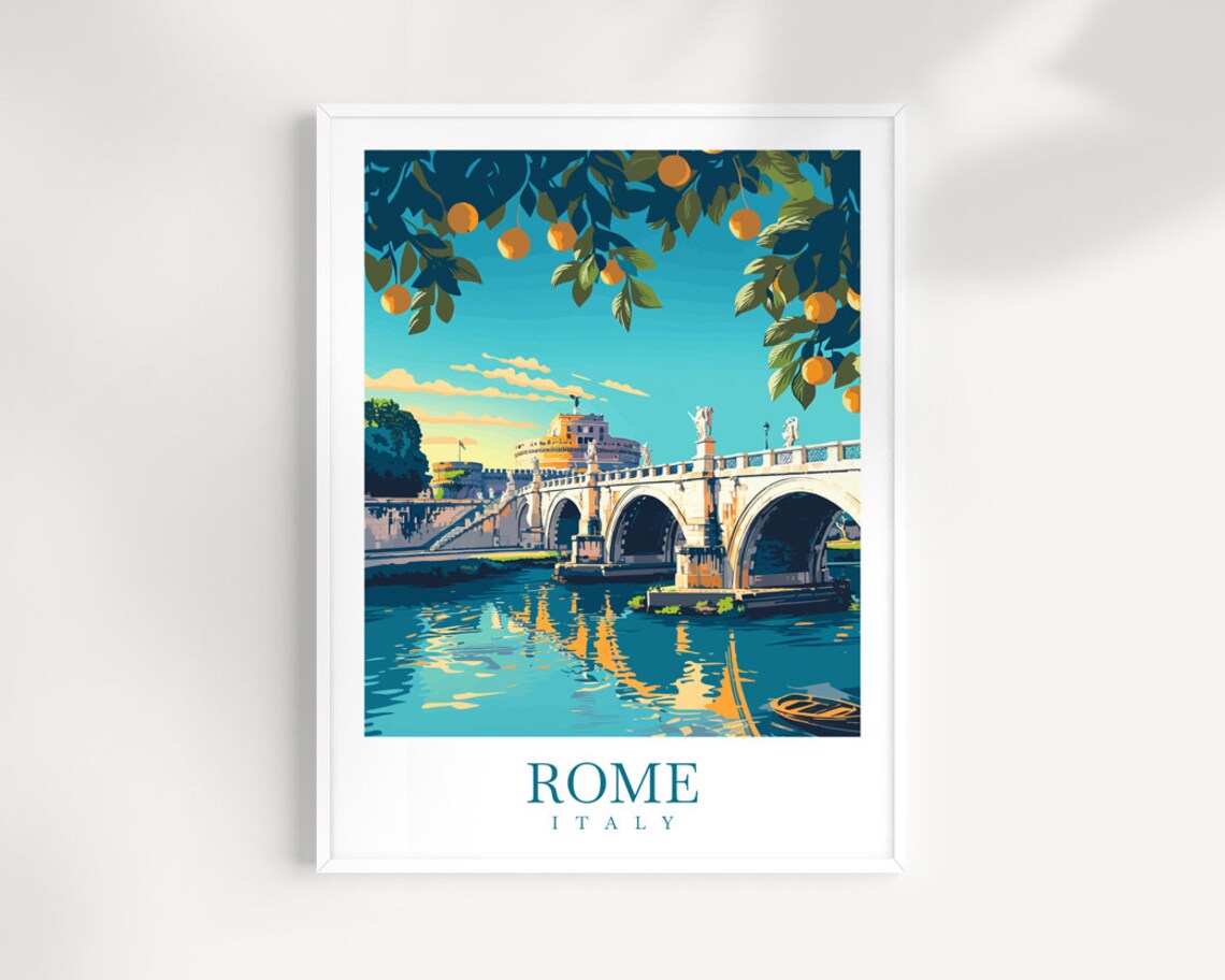 Rome Italy Tiber Bridge Orange Tree Sunny Day Travel Poster Art