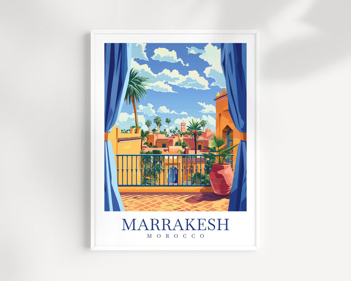 Marrakesh Morocco Riad Balcony Blue Curtains Palm View Poster