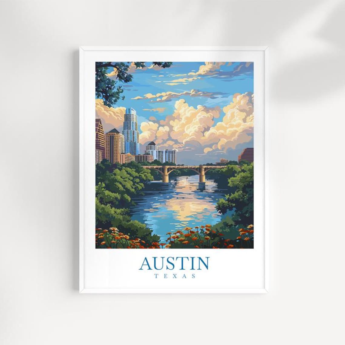 Austin Texas River Bridge Skyline Wildflower View Vintage Travel Poster
