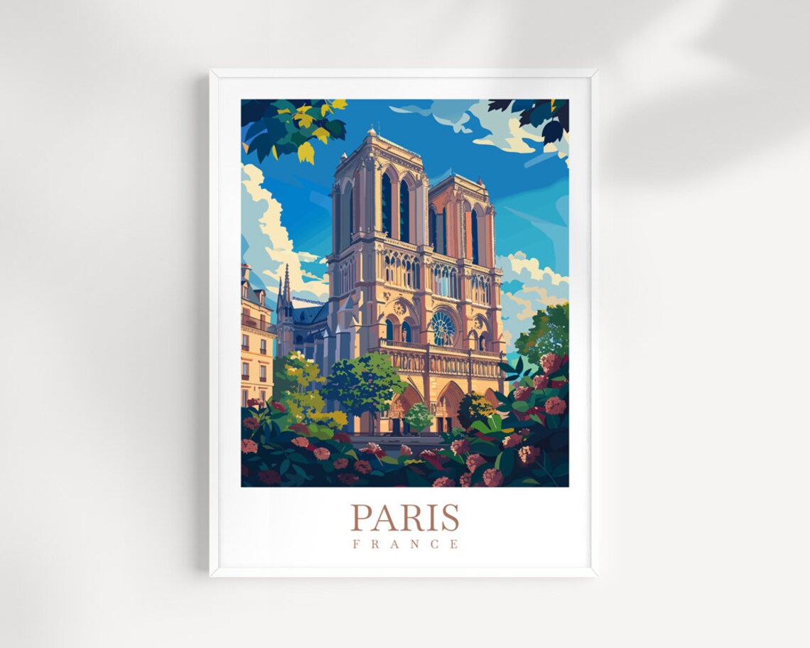 Paris France Notre Dame Cathedral Garden Flowers Vintage Travel Poster
