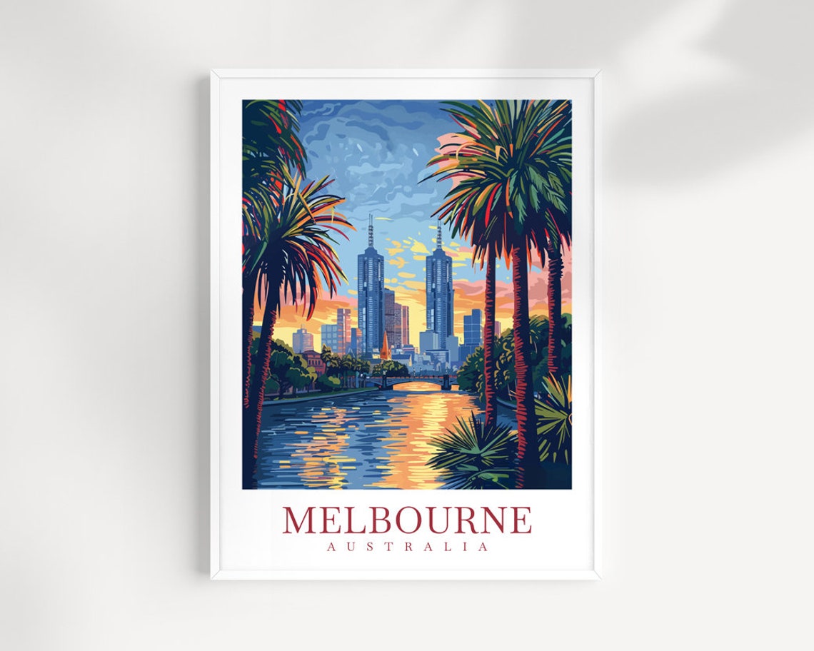 Melbourne Australia Sunset Palms River Cityscape Travel Wall Art