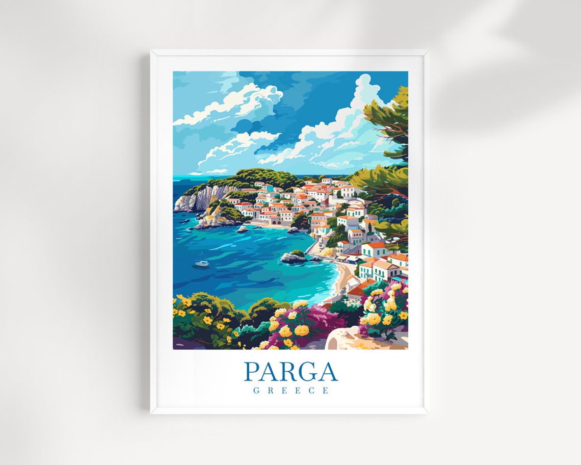 Parga Greece Hillside Town Turquoise Bay Flowers Coast Art Poster
