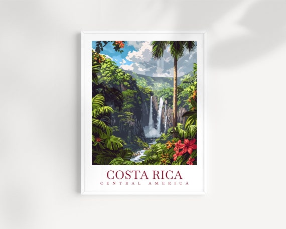Costa Rica Central America Jungle Waterfall Rainforest Travel Poster