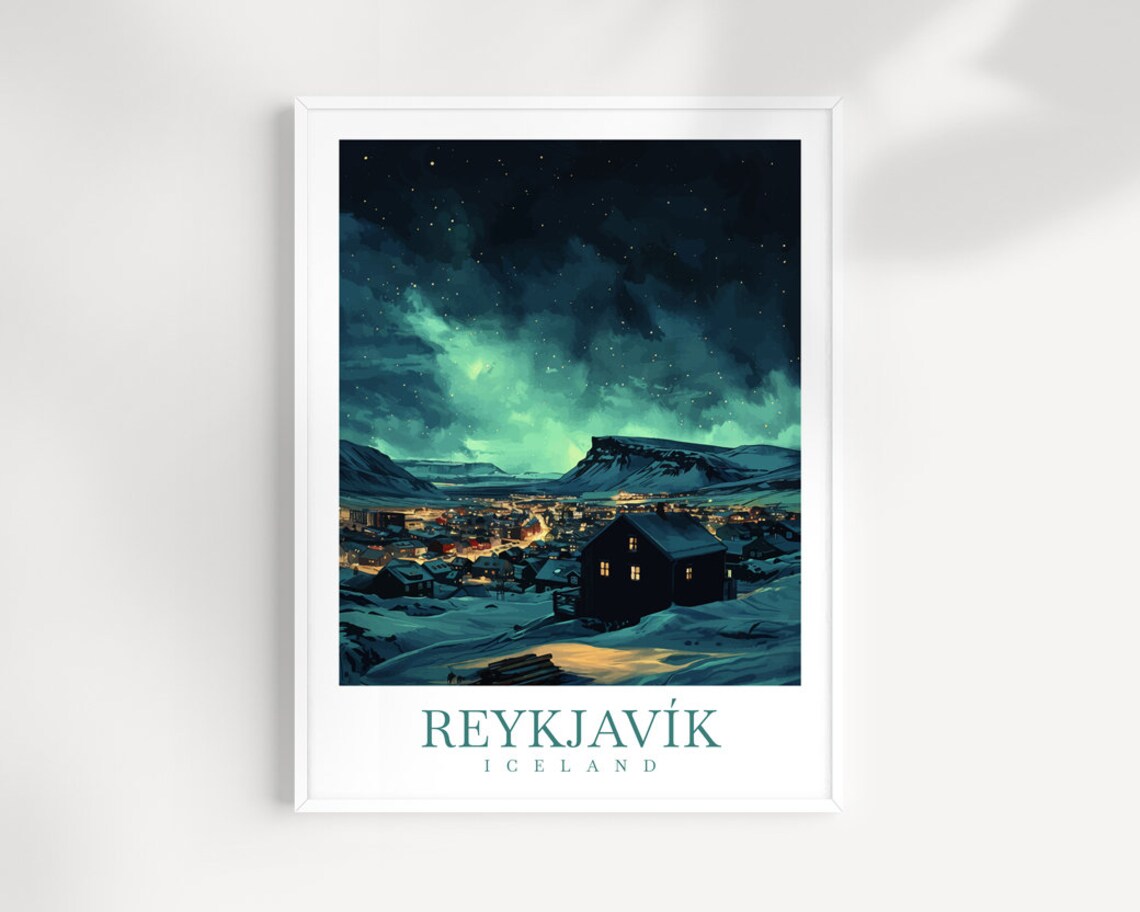 Reykjavik Iceland Northern Lights Snowy Town Night Sky Poster