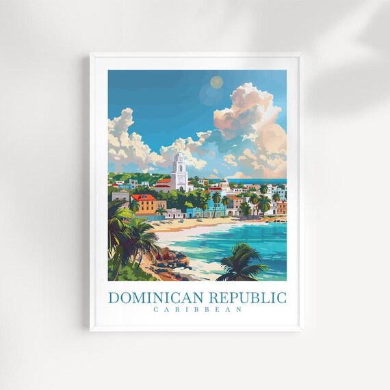 Dominican Republic Caribbean Coast Town Church Beach Vintage Poster