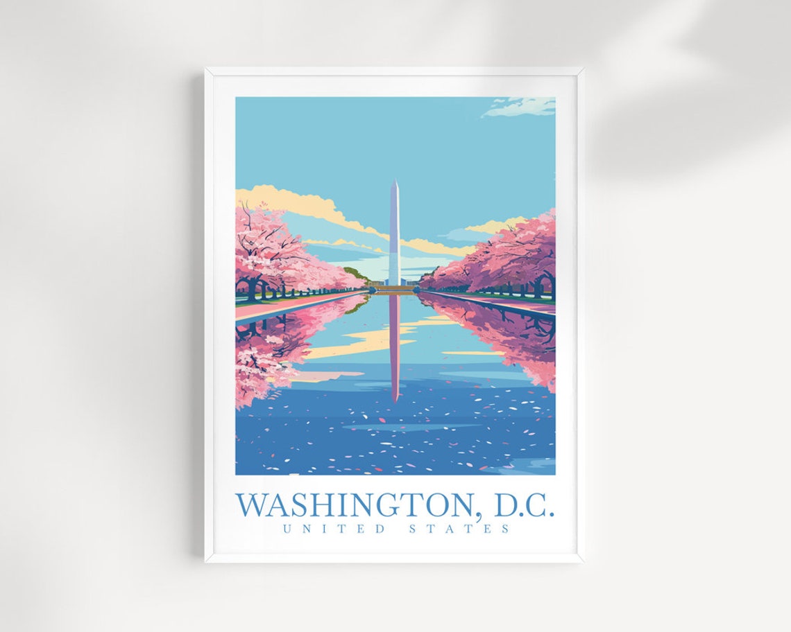 Washington DC Cherry Blossom Poster With Monument And Reflection