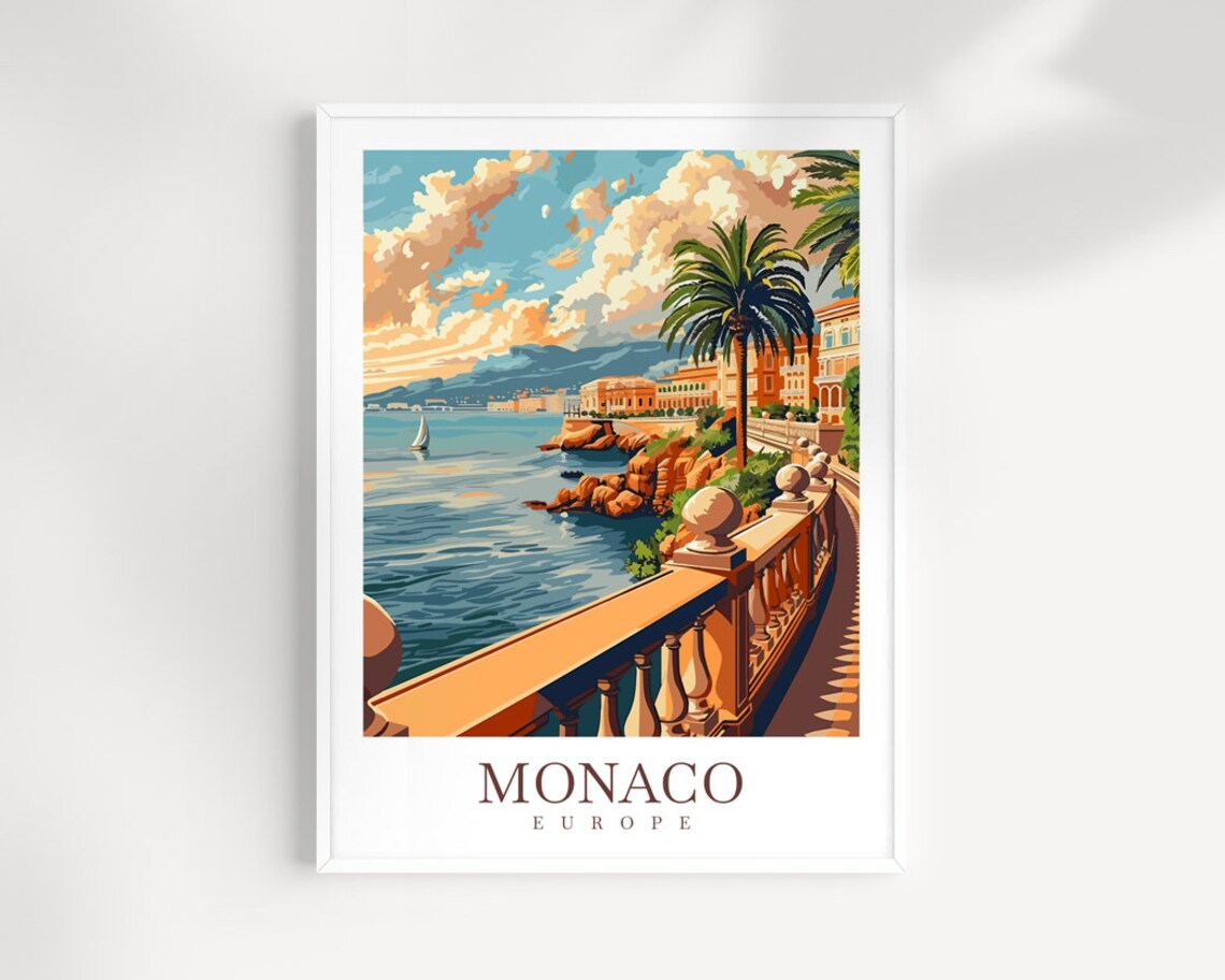 Monaco Europe Mediterranean Harbor Vintage Style Travel Poster