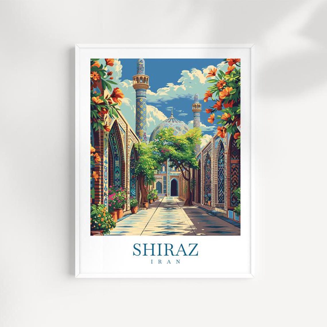 Shiraz Iran Tiled Mosque Courtyard Garden Vintage Travel Poster