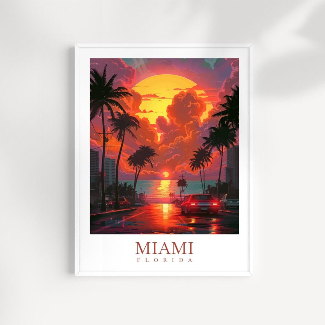 Miami Florida Ocean Sunset Palm Street Red Car Vintage Travel Poster