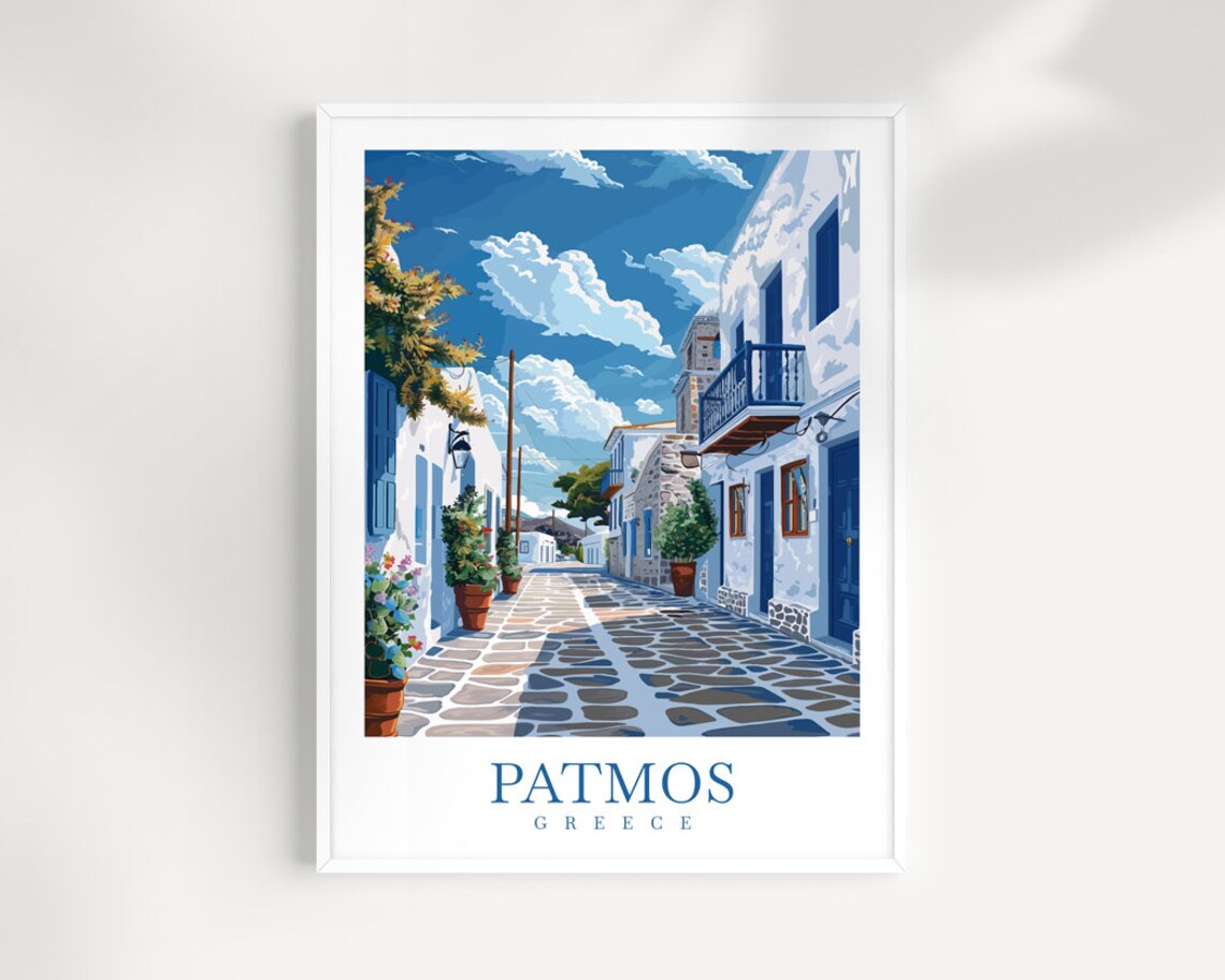 Patmos Greece White Alley Blue Shutters Cobblestone Travel Poster
