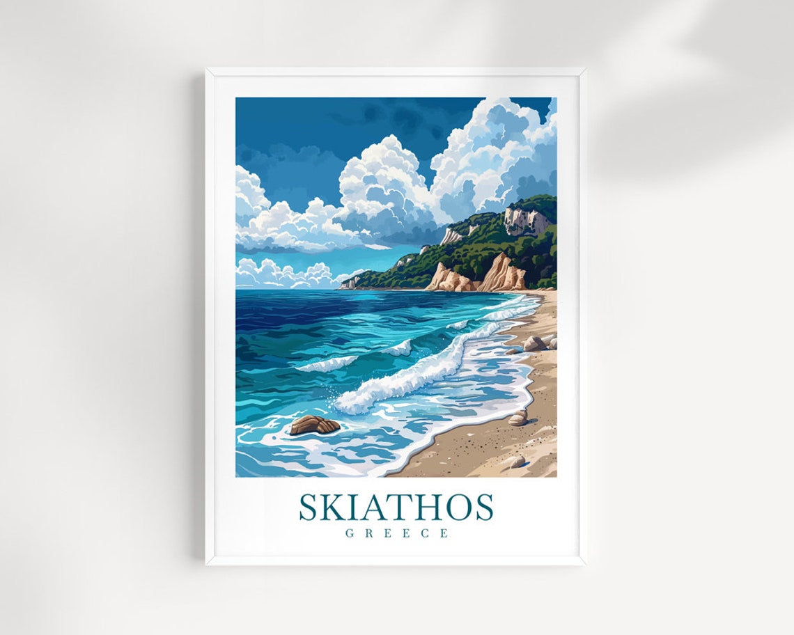 Skiathos Greece Beach Turquoise Waves Cliffs Aegean Sea Poster